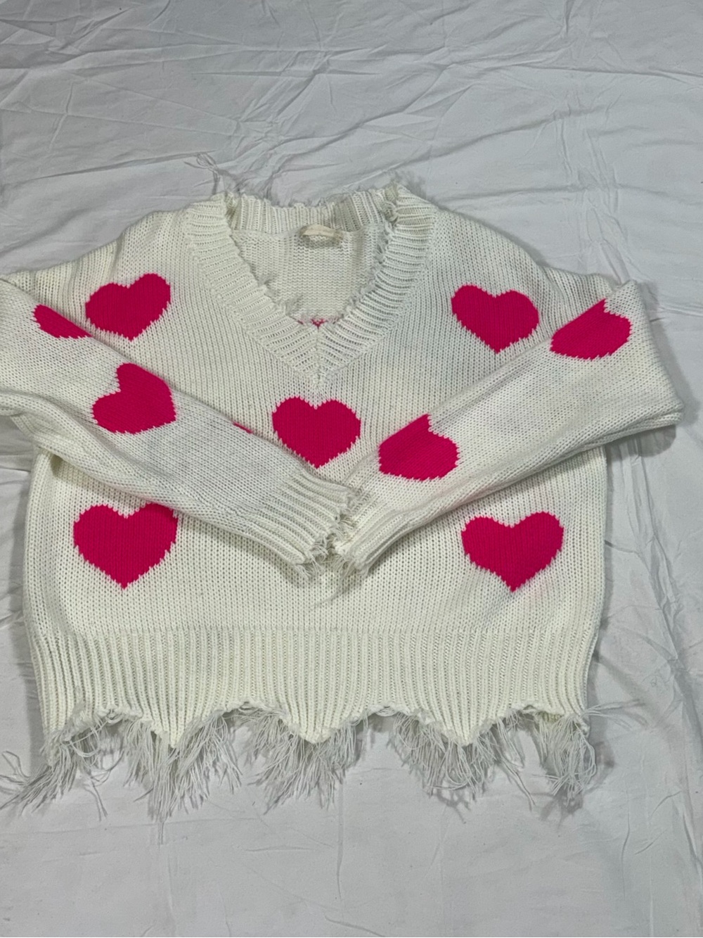 White Pink Heart Distressed V-Neck Knit Sweater Womens Medium Y2K